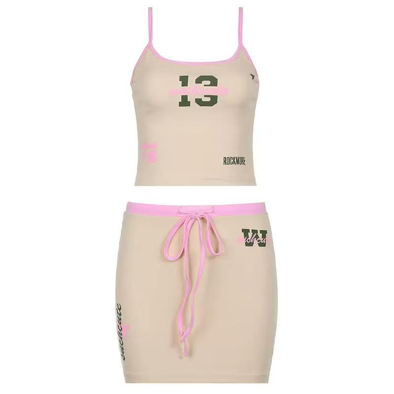 American Spicy Girl Slimming Color Block Letter Print Camisole & Low Waist Drawstring Midi Skirt Set