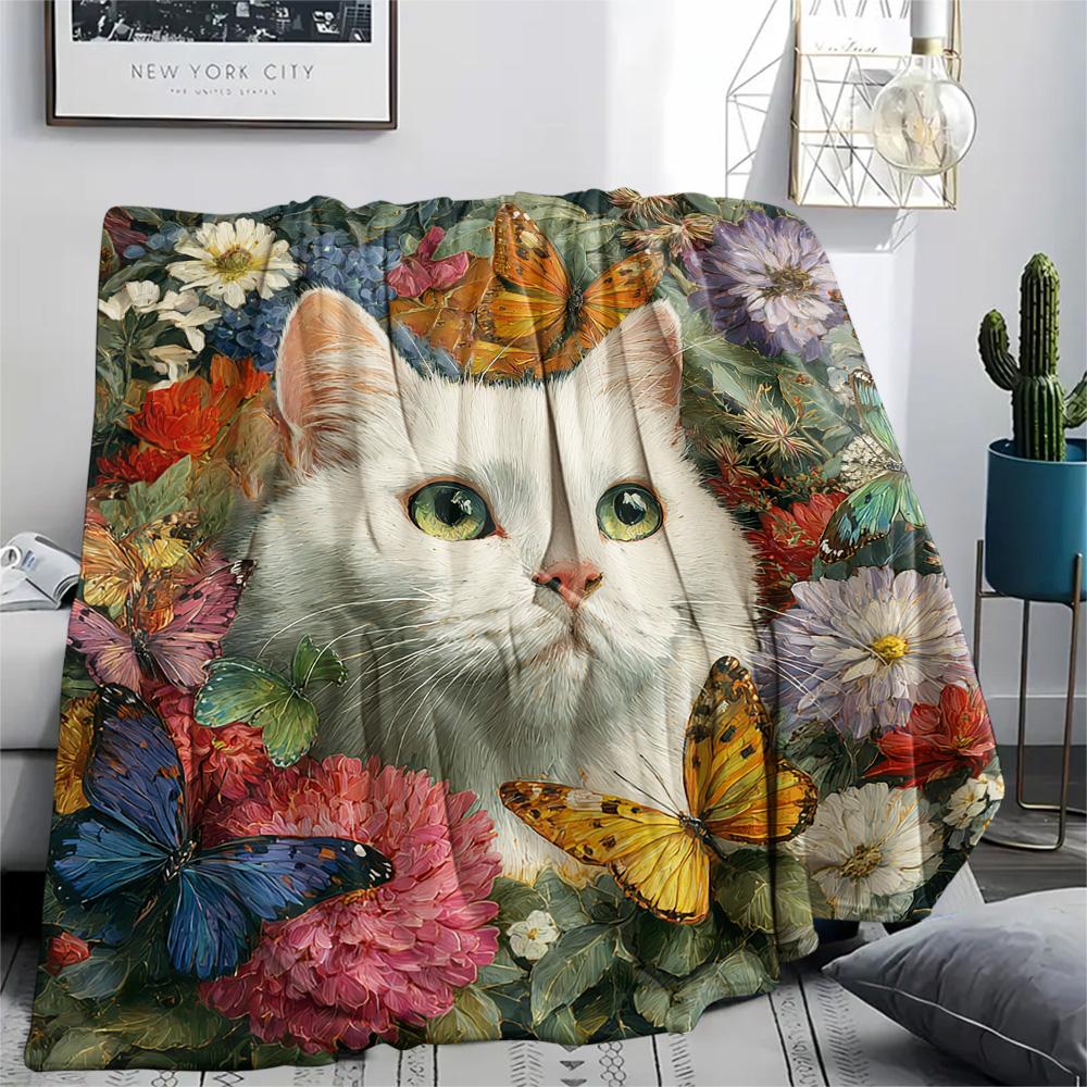 Coperta in Flanella con Stampa di Gatti Bianchi, Alta Qualità, Confortevole per Tutte le Stagioni, Decorazione per la Casa, Calore e Comfort, Perfetta per Regali di Natale