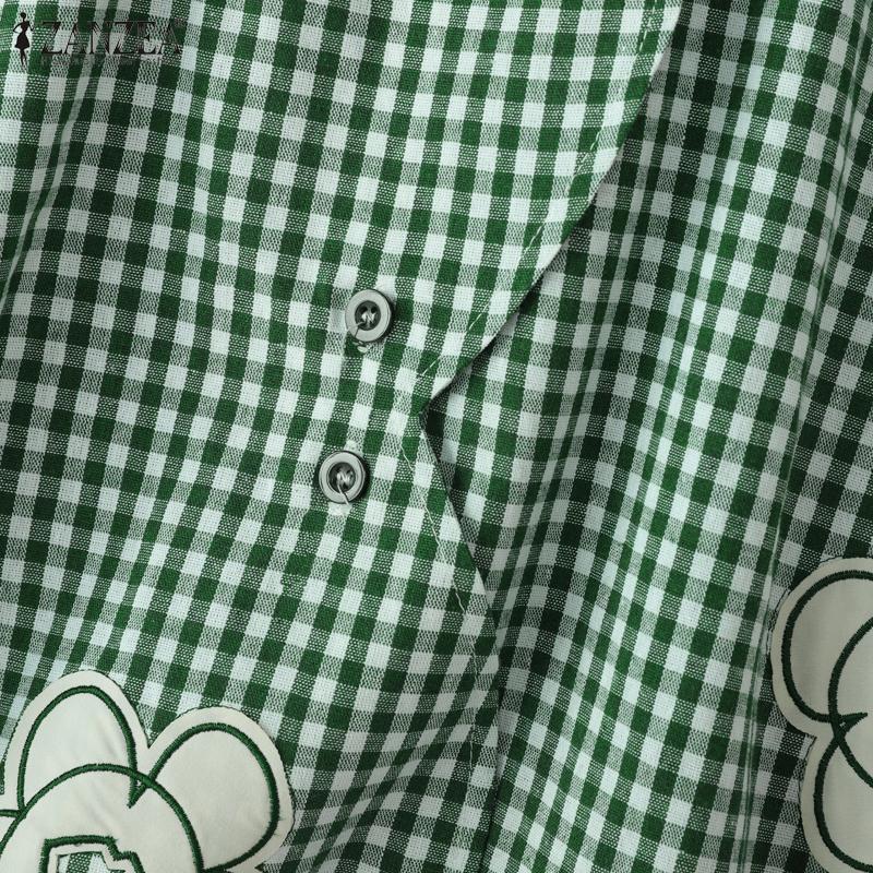 ZANZEA Women Turn Down Collar Loose Plaid Print Short Sleeve Blouse