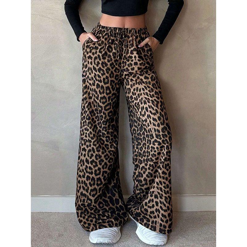 

Wide-Leg Pants European and American Women clothes Satin Casual Pants Autumn High Waist Leopard Print Loose All-Match Wide Leg Pants Apricot XL