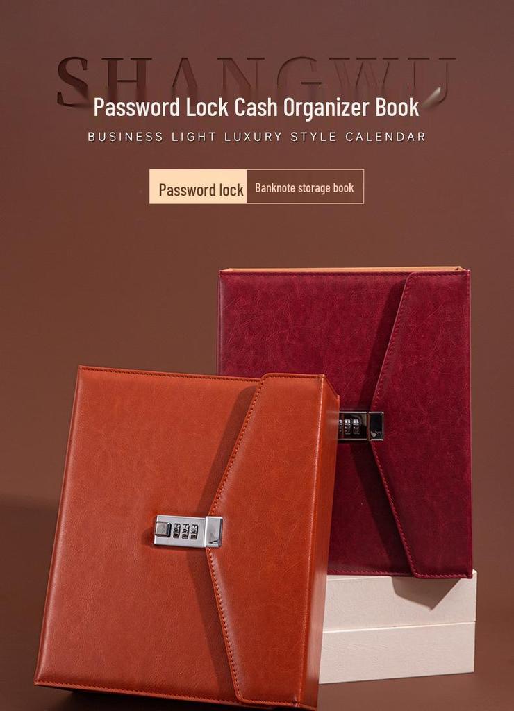 Waterproof Leather Password Lock Cash Storage Book for Paper Money, New Model, Three-Fold Design