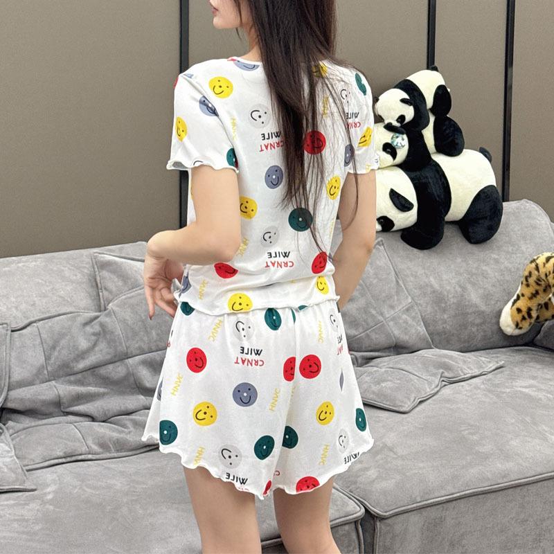 2025 Summer Women's Pajamas Set O-Neck Crop Tops & Shorts Thin Sleepwear 2 Pieces Sets Pajama for Girl Funny Cartoon Print Youth Homewear