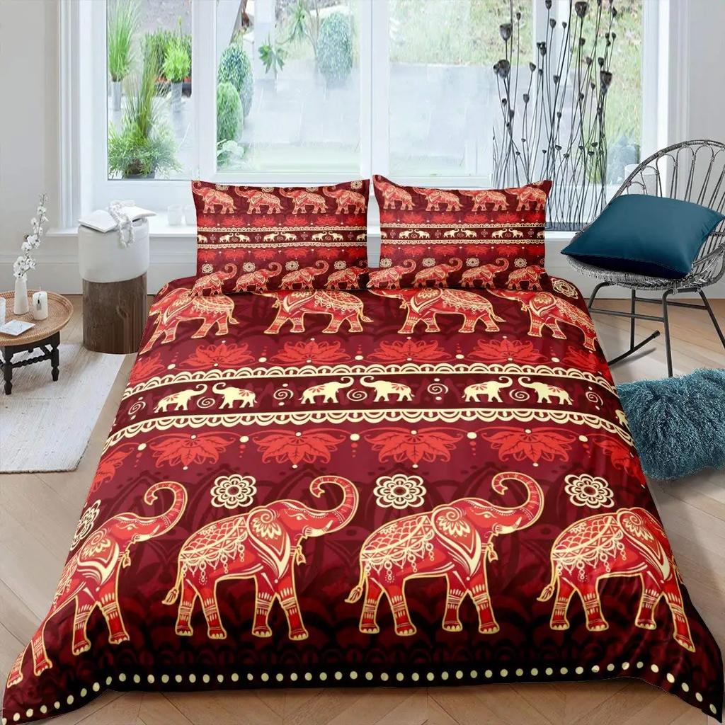 Elephant Soft Duvet Cover Set Ful,Boho Vintage High-End Premium Beding Set Exotic Mplusala Comfortable Quilt Cover Tribal Ethnic Warm Comforter Cover