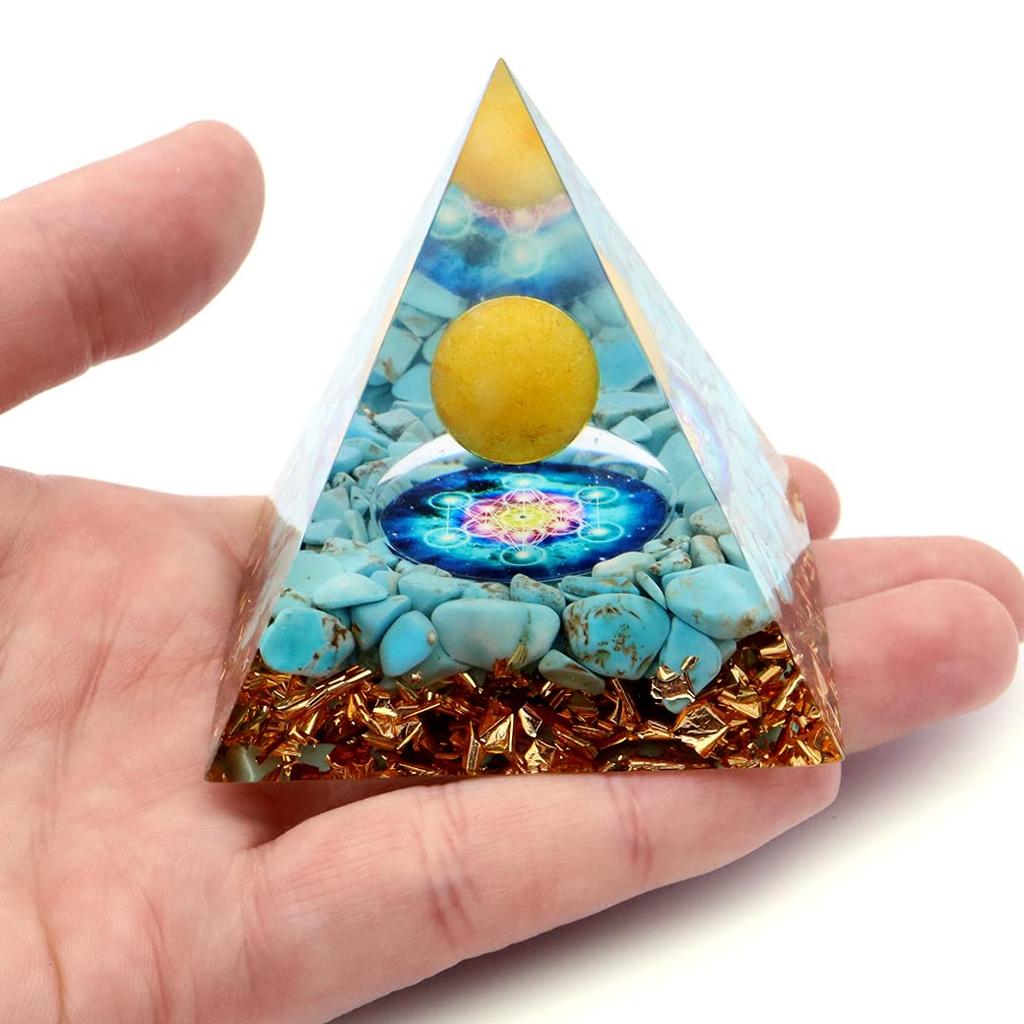 Orgonitová pyramida ozdoba přírodní kámen silový kámen očištění tyrkys tyrkys sazare aragonit kulatá koule hexagram [ZLATÝ KÁMEN]
