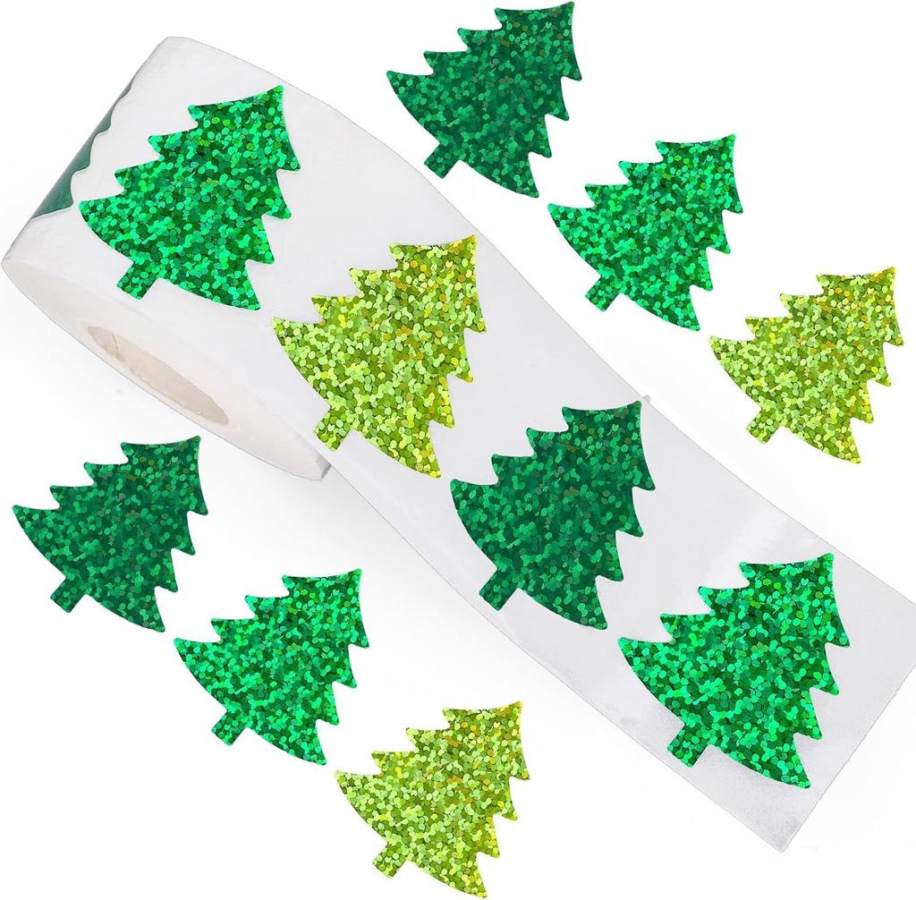 Christmas Tree Sticker Roll,Laser Stamp Sticker,3-color Green Waterproof Self-adhesive Paper,Magazine Decoration,Party Supplies