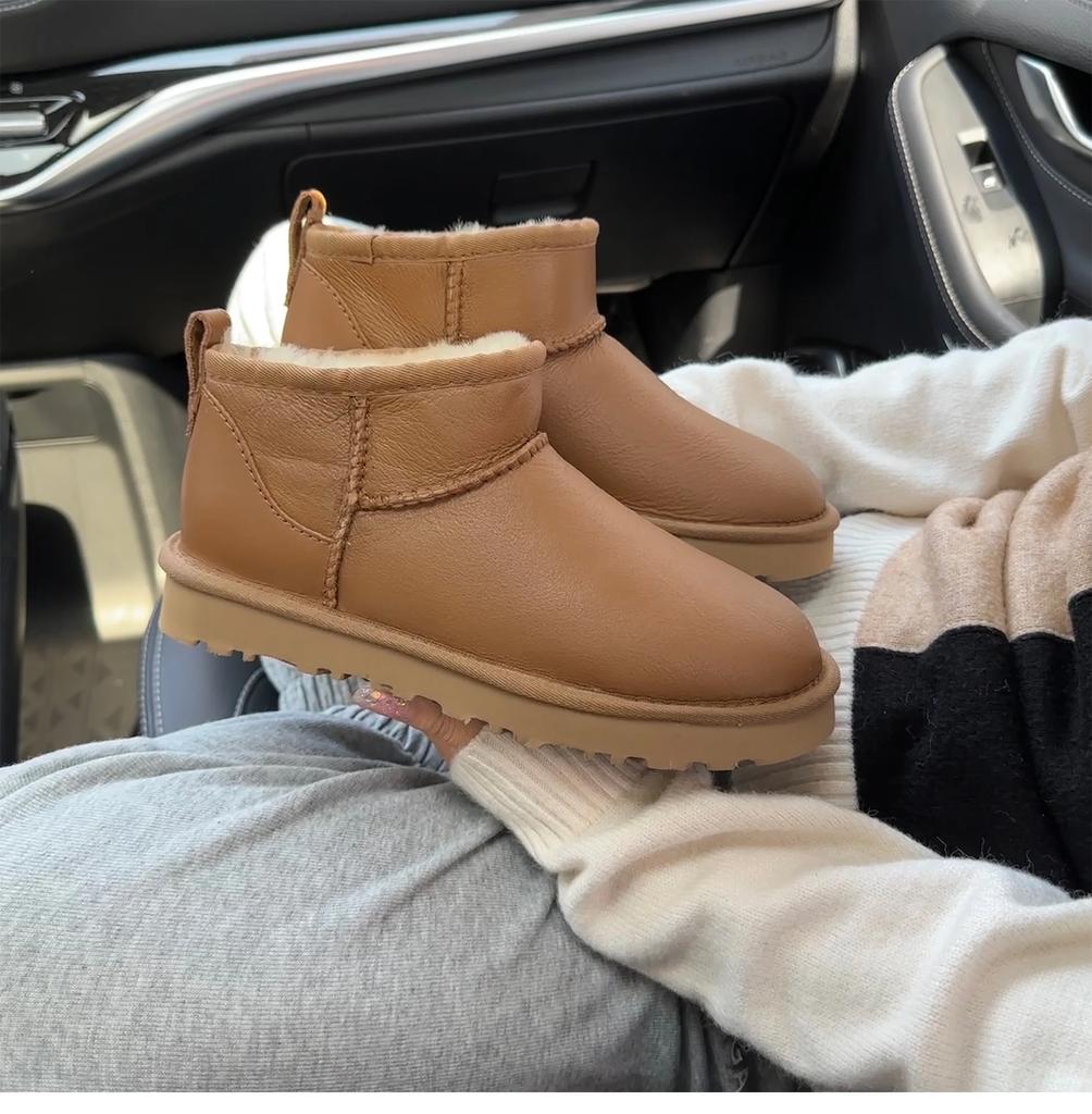 Mode Hochwertige Damenstiefel aus Wolle, wasserdichte und glänzende Lederschneestiefel, warme High-Top-Low-Top-Flachbodenstiefel aus reiner Wolle