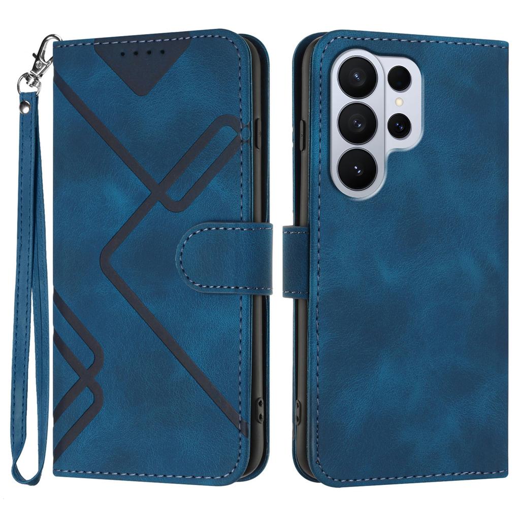 For Samsung Galaxy S26 Ultra Wallet Case Line Imprinted PU Leather Phone Cover with Strap