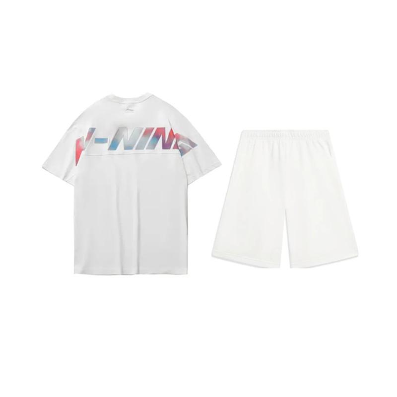 Li-Ning Colorful Letter Print Fashion Trendy Personality Round Neck Pullover Short Sleeve T-Shirt Casual Sports Set Unisex Tops AHSU997-1+AKST593-7