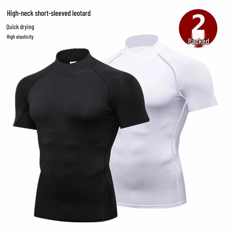 Pánské rychleschnoucí sportovní tričko s vysokým límcem - Krátký rukáv, Odvádějící pot, Přiléhavý střih, Stojáček