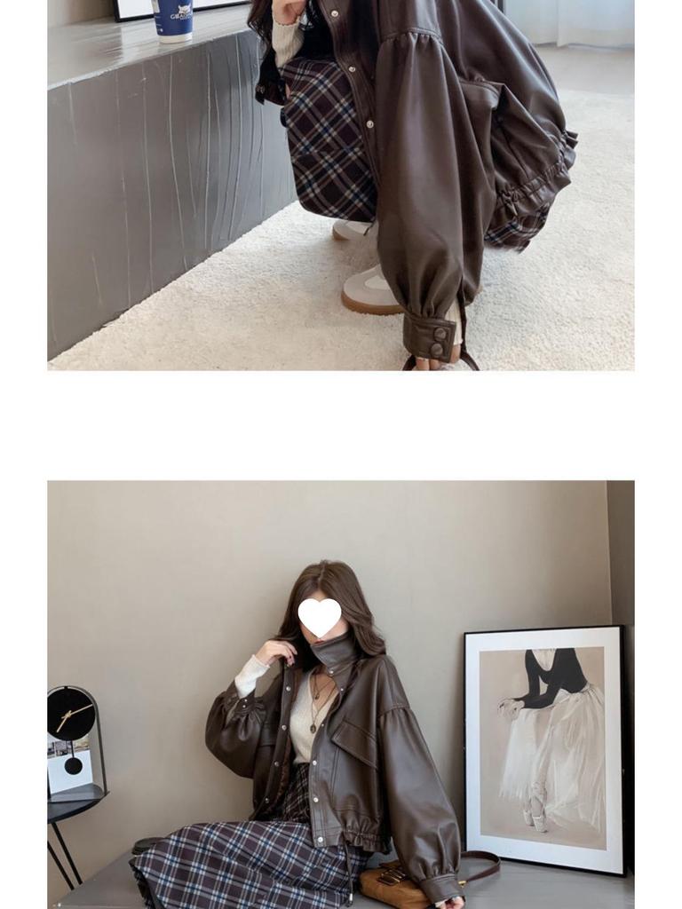 Women's Fashionable Loose Leather Motorcycle Jacket with Shirt Collar and Drawstring - Korean Style