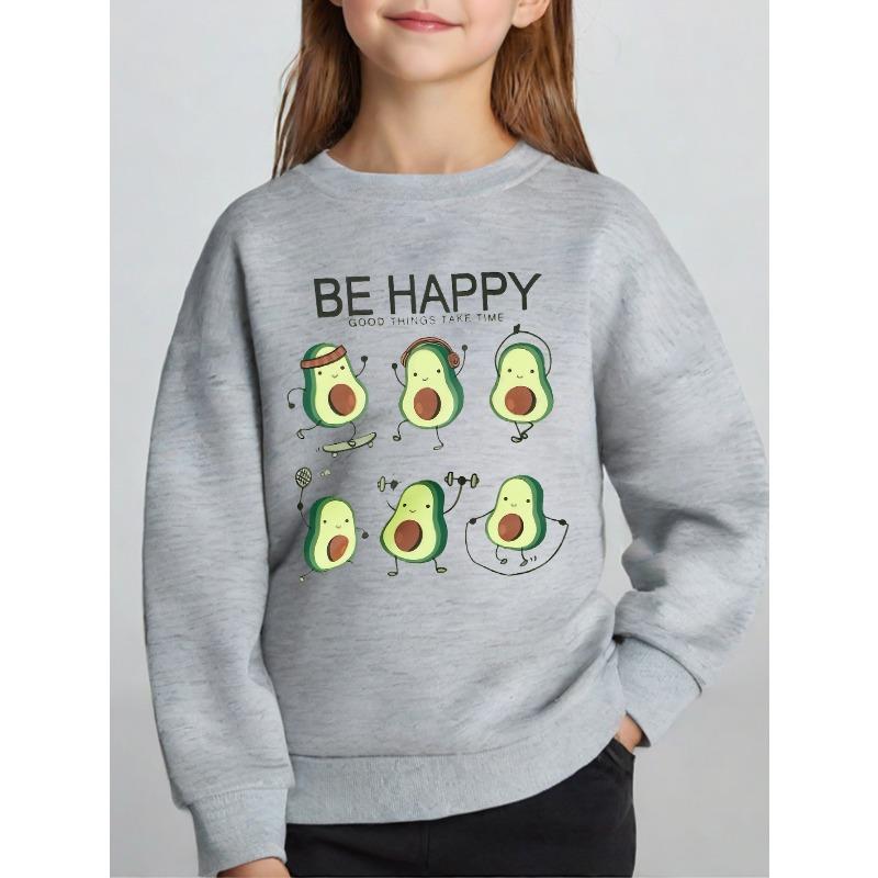 Kids Unisex Crewneck Sweatshirt, Cartoon Sport Avocado "BE HAPPY" Letter Print Long Sleeve Pullover, Kids Sweatshirt For Boys Girls Over 4 Years Old