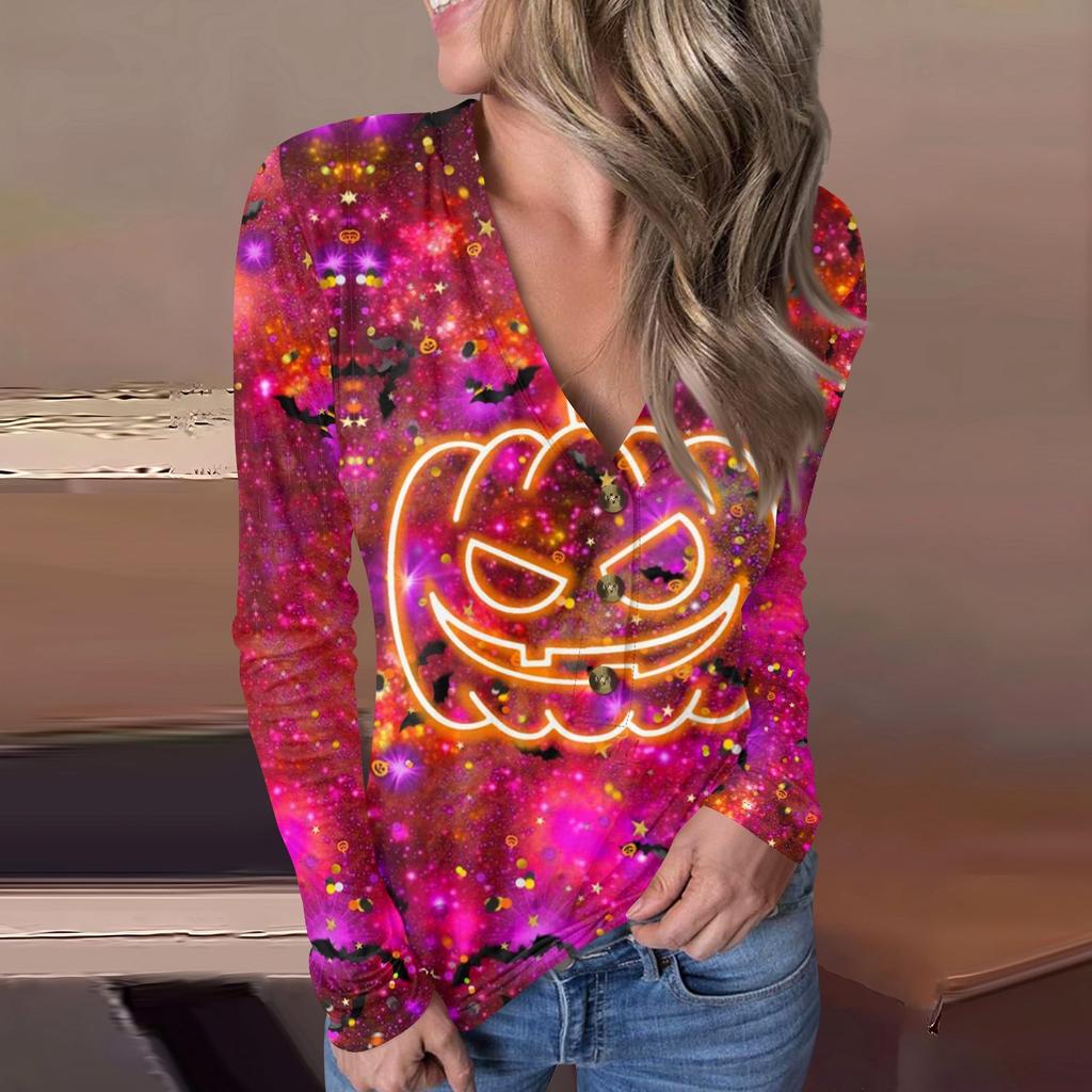 Lässiger Pullover mit V-Ausschnitt und Halloween-Print für Damen