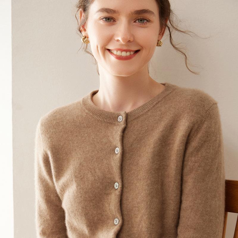 Women's Solid Color Cashmere Cardigan: Twelve-Needle, Round Neck, Loose, Single-Breasted, Slimming, Warm Sweater.