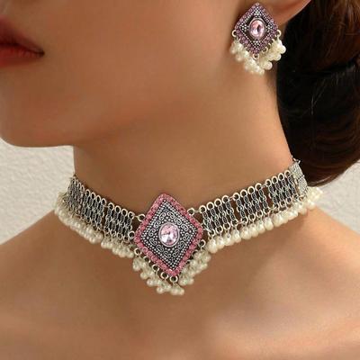 Vintage Choker Necklace Earrings for Women Geometric Crystal Jewelry Sets Simulated Pearl Beads Accessories