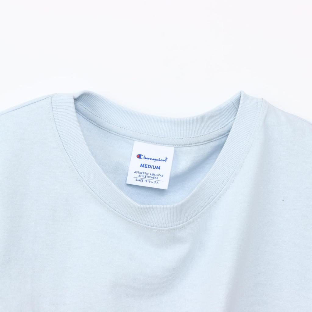 Champion Basic Shirt Short Crew Cotton Script Logo Relax Pale Sax Women's CW-X339 Dress, Sleeve, Neck, USA, Embroidery, Fit,