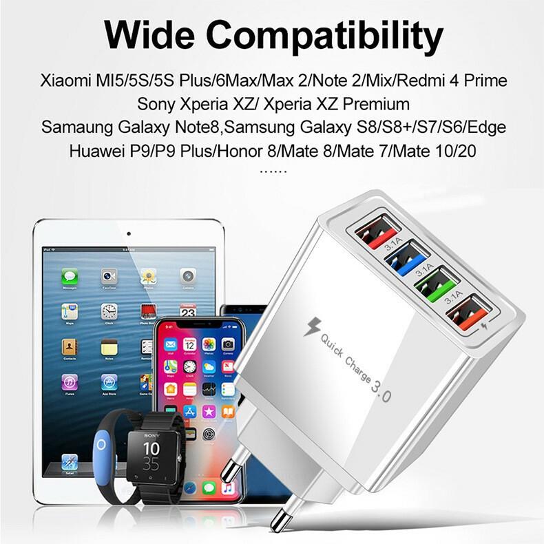 Fast Charging USB Multi-Port Power Adapter, 4-Port Wall Charger for Smartphones and Tablets with Quick Charge 3.0