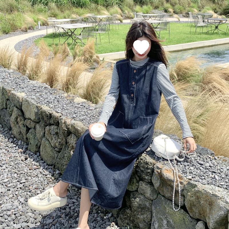 Damen 2025 Herbst Retro Denim Weste & Gestreiftes Top Kleid Set