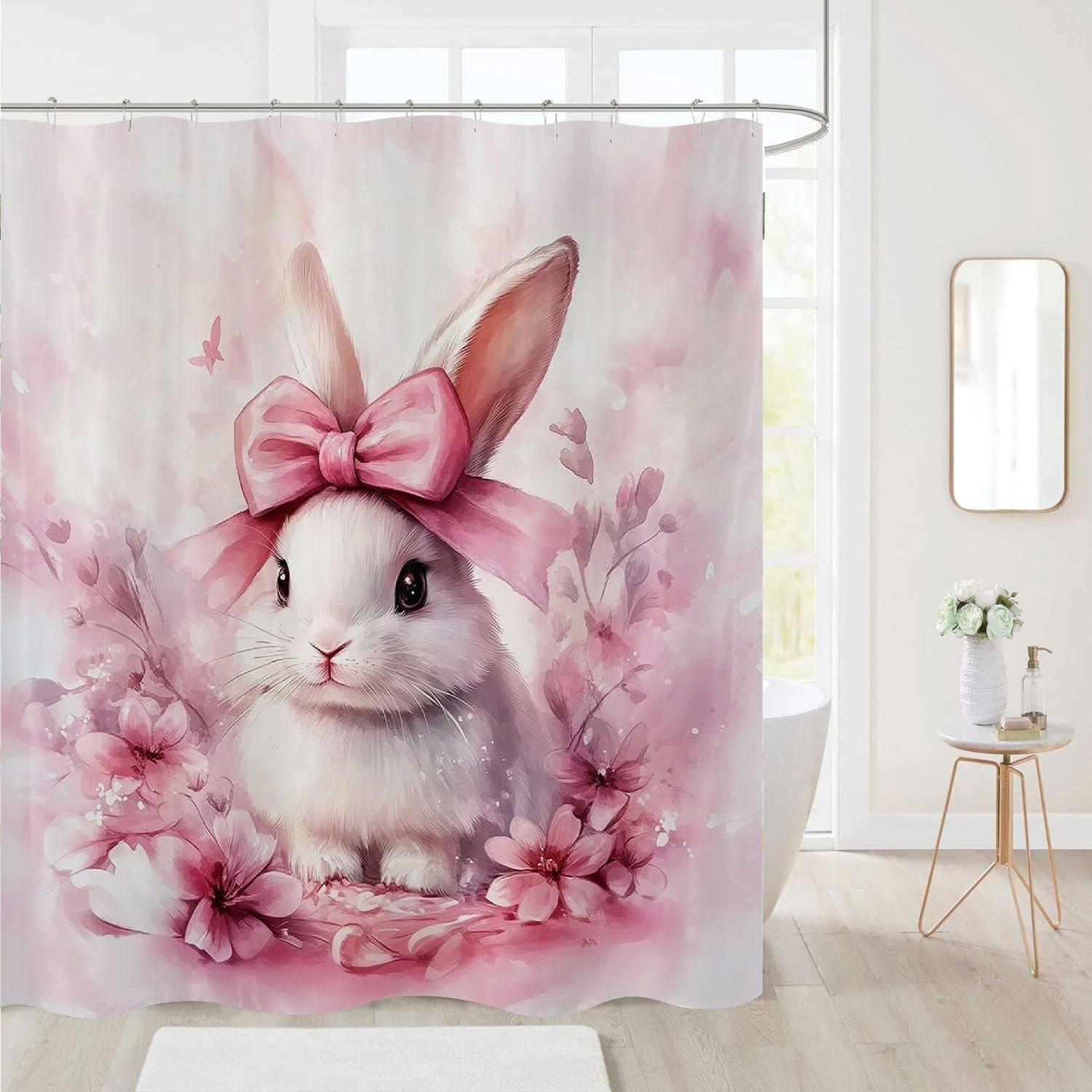 

4pcs Easter Pink Rabbit Floral Print Waterproof Shower Curtain With 12 Hooks Non-Slip Bathroom Rug Toilet U-Shape Mat Toilet Lid Cover Pad 1PC Shower Curtain