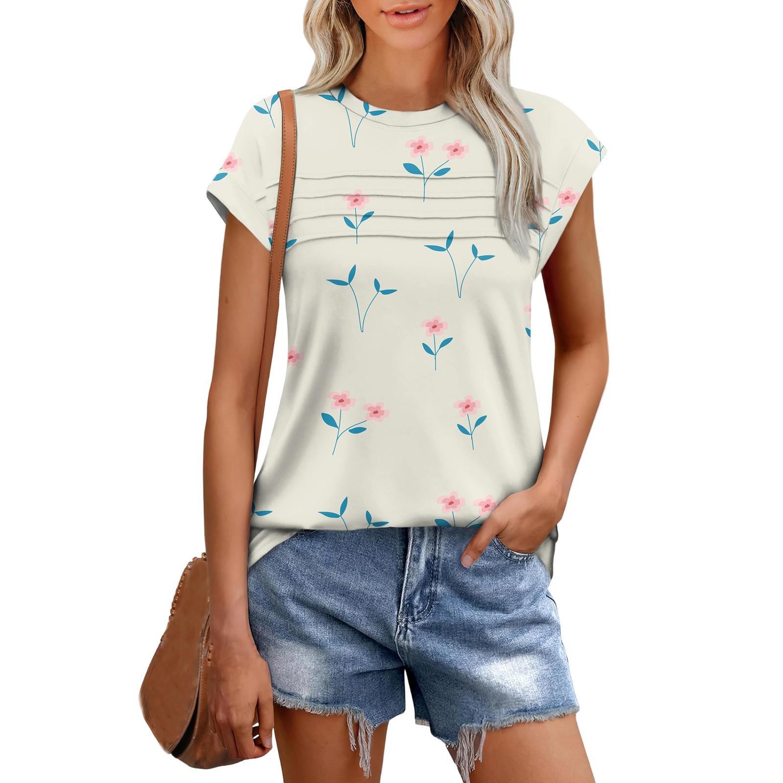 

Женская модная повседневная футболка с коротким рукавом и цветочным принтом, с круглым вырезом и короткими рукавами S