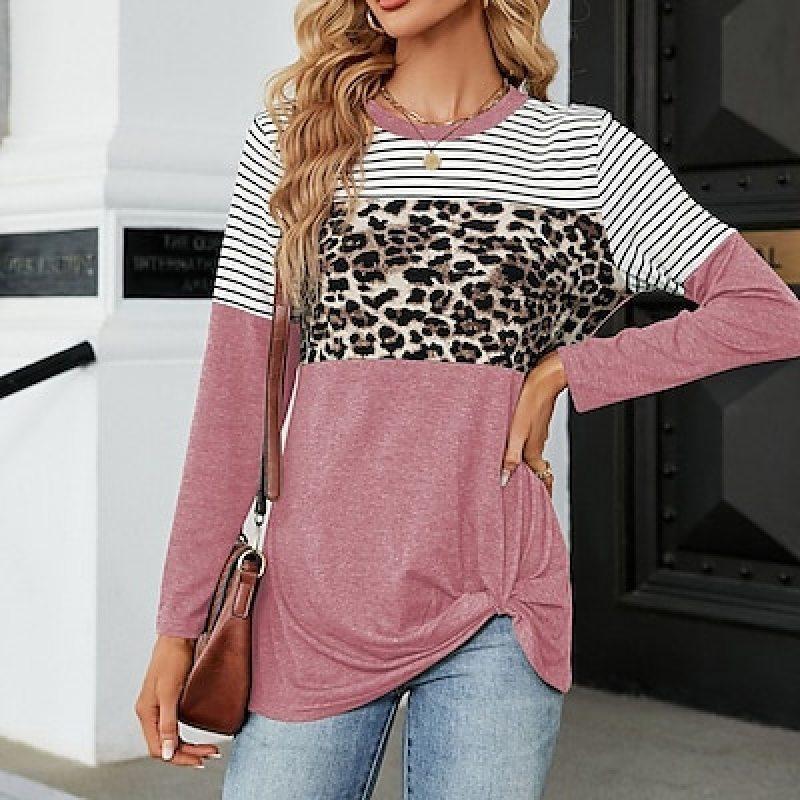 Autumn Long Sleeves T Shirt Leopard Striped Print Women's T-shirts Fashion Casual Tops Daily Loose Crew Neck Women Clothing