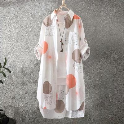 Spring Autumn Women Shirt Fashion Print Long Sleeve Irregular Hem Anti Sun Lapel Long Coat for Daily Wear