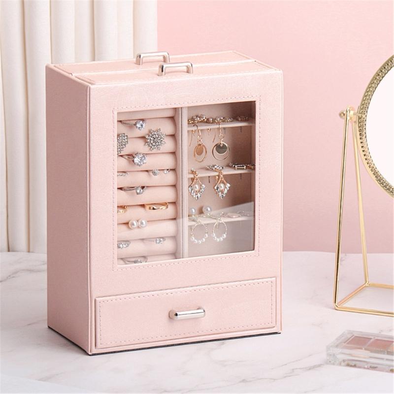 Smyckeskrin i PU Smyckesorganisatör Multifunktionell Förvaringsväska med Klart Fönster för Halsband Armband Ringar Örhängen