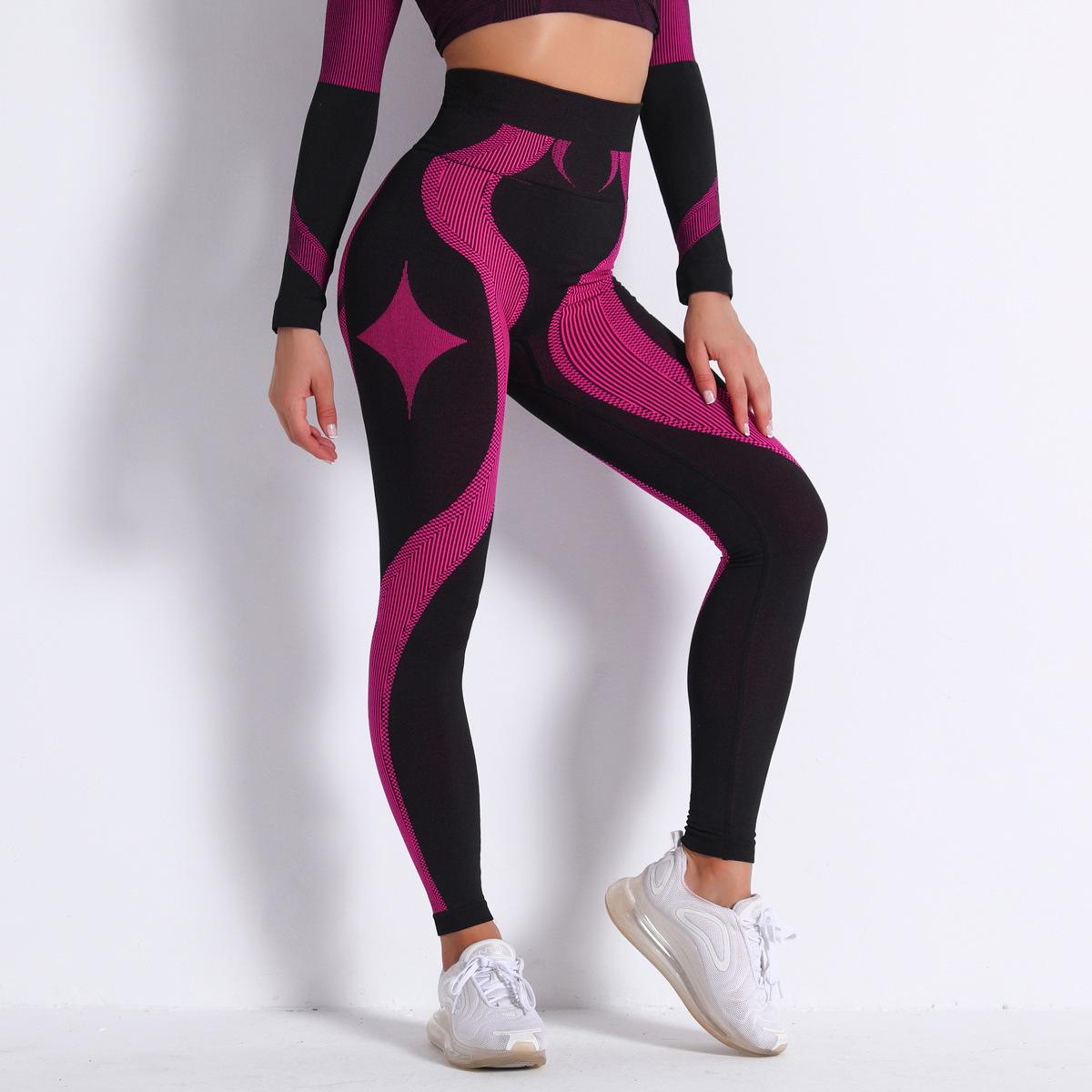 JYL High Waist Hip Lifting Yoga Pants Seamless Stripe Design L кадмий красный