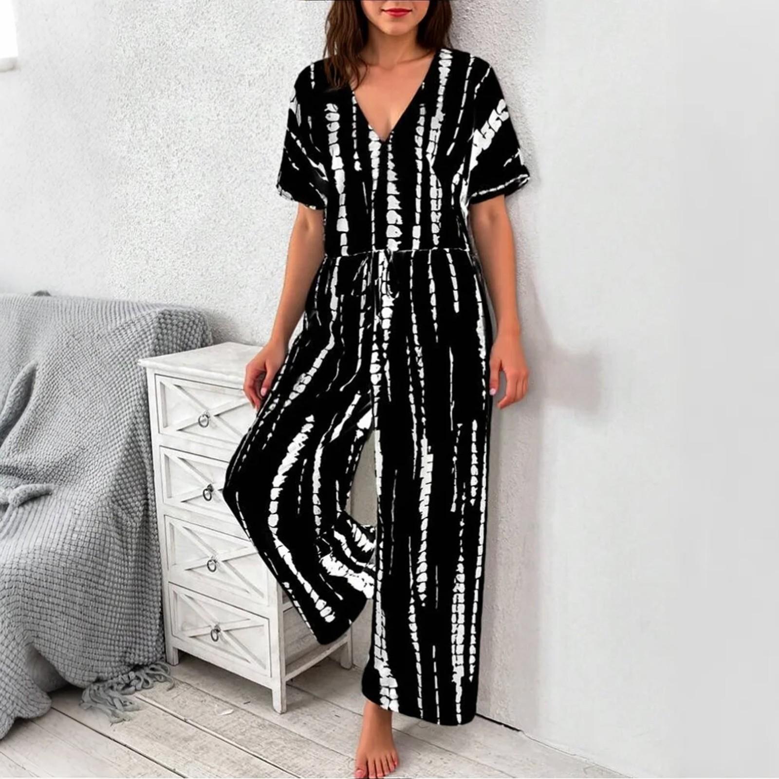 Women s Casual Resort V-Neck Top And Pants Fashion Print Two Piece Set M чёрный