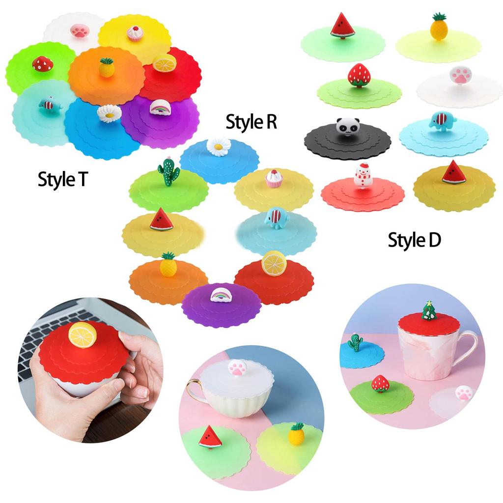 8Pcs Silicone Drink Cup Lids 10cm Creative Round Mug Cover Reusable Anti Dust Cup Covers Cartoon Coffee Mug Lid