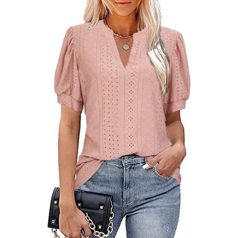 QICED Moda feminina casual cor sólida estampa manga curta blusas e camisas com decote em V