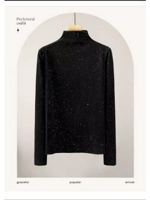 Velvet Sequin Women's Semi-High Neck Slimming Winter Base Layer T-Shirt - Plus Size Available
