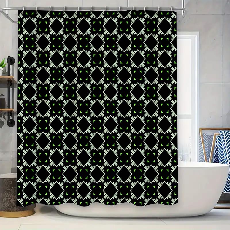 

Modern Bathroom Decor: Black Green Geometric Shower Curtain With White Lines Waterproof Fabric For Bathrooms In Home Decoration W60H190(CM)-1 Pcs
