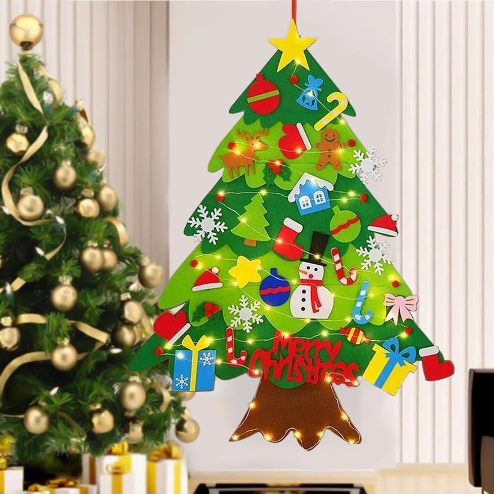 Felt Christmas Tree Set DIY Toy Door Wall Hanging Christmas Tree with Detachable String Lights for Xmas Gifts Party Favor