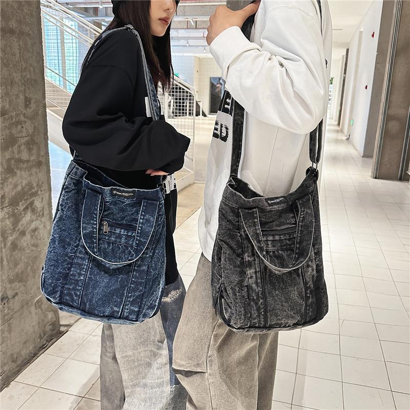 Large Capacity Denim Bag Retro Tote Bag Commuter Student Class Shoulder Crossbody Bag