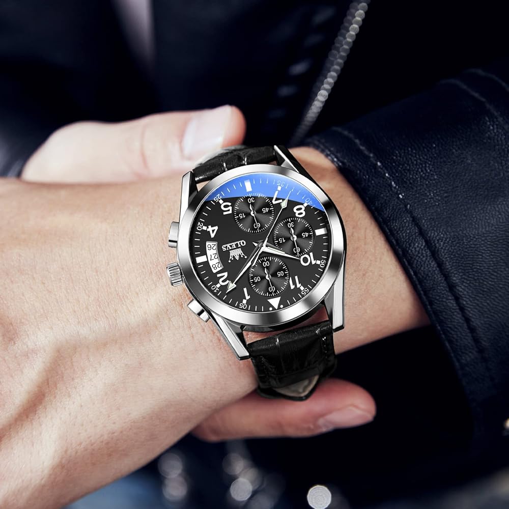 OLEVS Men's Stylish Black Waterproof Business Watch Quartz Analog Chronograph with Date Display