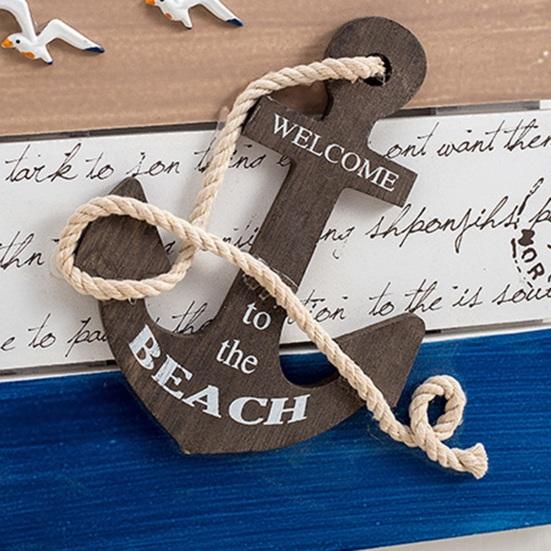 Wood Beach Framed Wall Art Coastal Ocean Theme Wall Hanging Sign with Steer Wheel Conch Sailboat for Bathroom Bedroom Living Room Decor