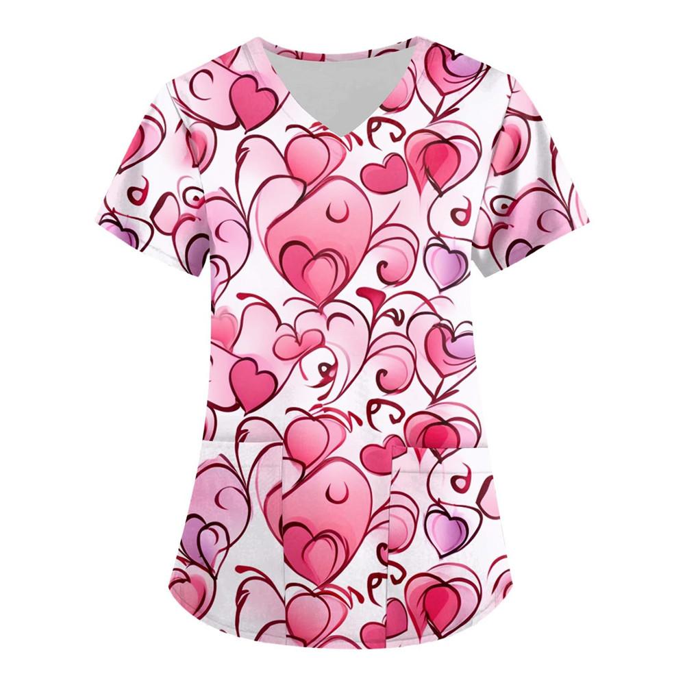 Nurse Uniform Love Heart Print Pocket V-Neck Nursing Scrubs Tops Workwear Women's T-shirts