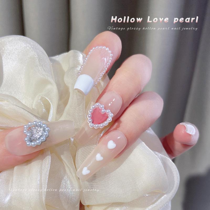 50Pcs White Purple Pink Heart Pearl Nail Decoration Hollow Charms Bulk 3D Nail Art Accessories For Women Girl Nails