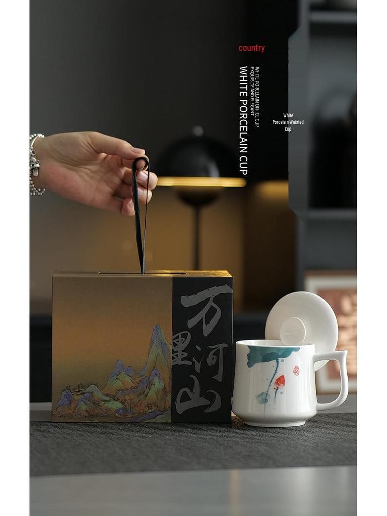 Jade Conference Sheep Fat Porcelain Tea Cup with Lid – White Ceramic Mug for Home and Office, Ideal Gift