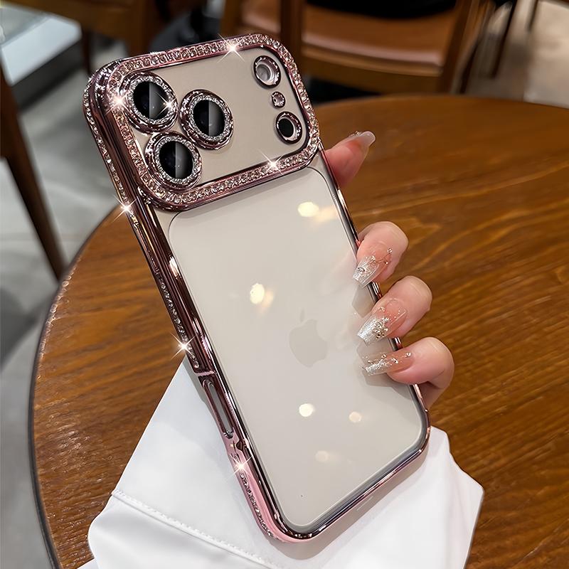 Luxury Bling Crystal Lens Film Phone Case for 11 12 13 14 15 16 17 ProMax Plus Air Clear Shockproof Silicone Bumper Cover