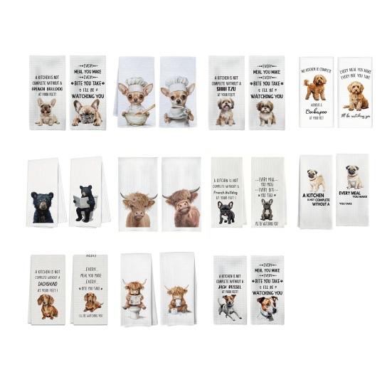 2Pcs Dish Towel Cartoon Dog Bear Pattern Super Water Absorbent Reusable Kitchen Towels Machine Washable Household Cleaning Rags