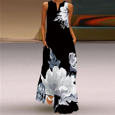 Vestidos casuales holgados con cuello en V y sin mangas con estampado floral de verano y primavera para mujer