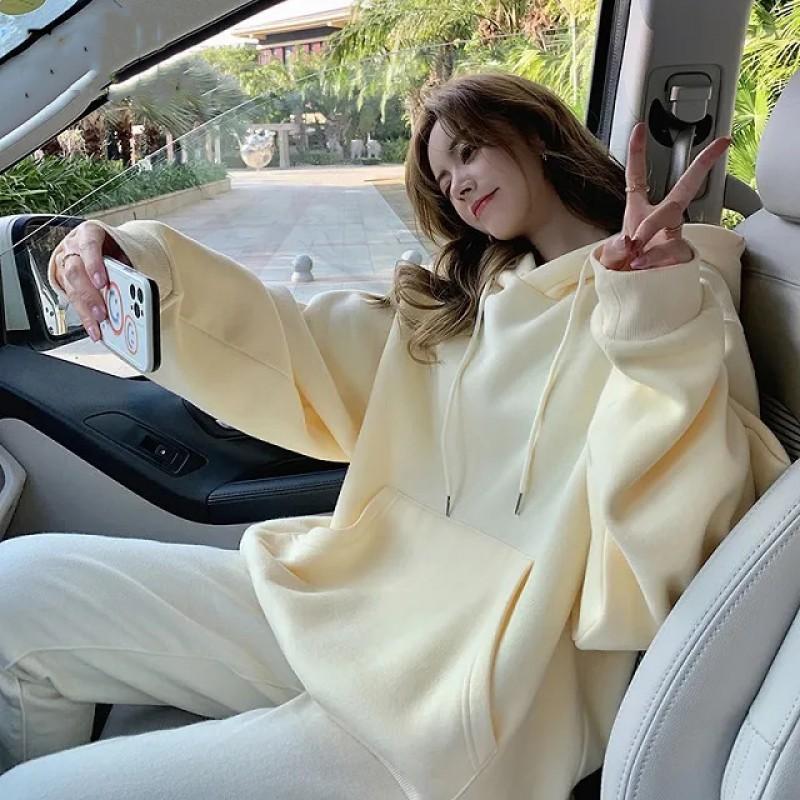 Womens Cotton Hoodie Loose Casual Solid Color Sweatshirt Couples Streetwear