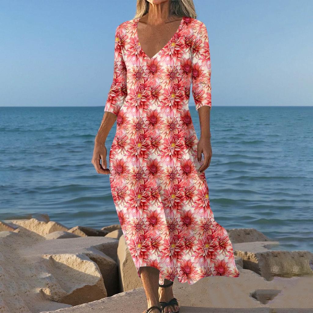 Sukienki Damskie Sukienka Midi z Tuniką w Stylu Vintage z Nadrukiem, z Wcięciem w Talii, Letnia Codzienna Sukienka z Rękawem 3/4