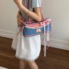 Korean Sweet Little Fresh Lace Handbag 2025 Retro Fashion Red and Blue Contrasting Color Plaid Handbag Bag