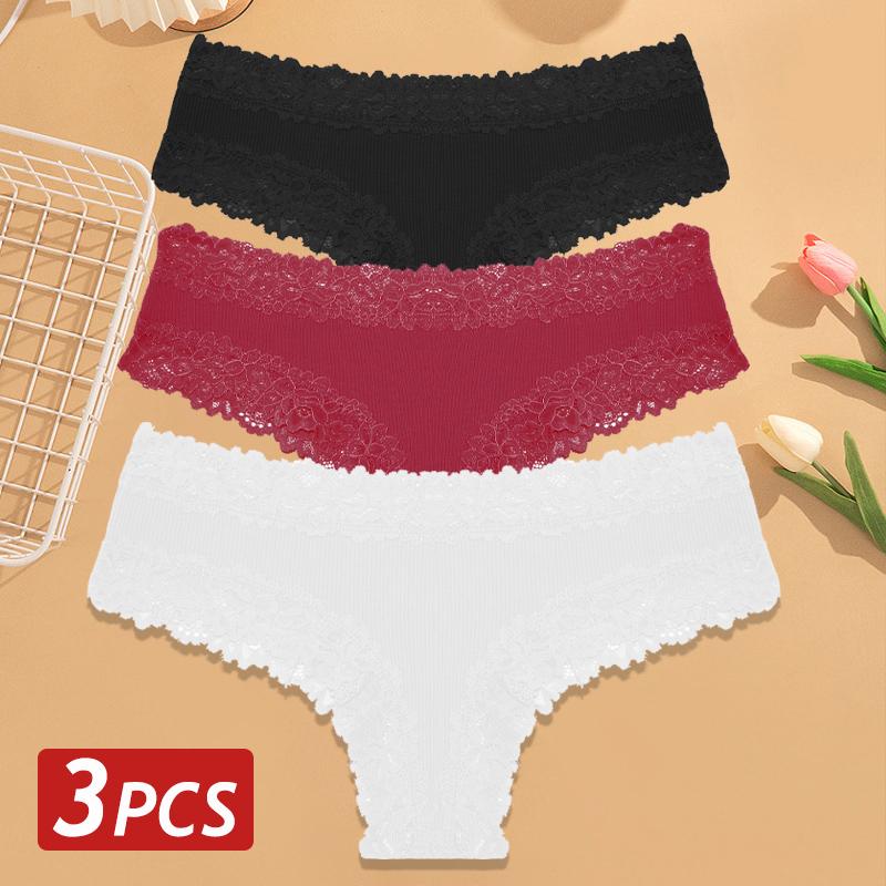 3PCS/Set Women Cotton Panties Floral Lace Brazilian Panties Sexy Low Waist Lingerie Female Soft Underwear Solid T-Back Bikini