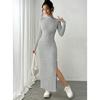 Autumn Winter Solid Long Sleeve Half Turtleneck Maxi Dress Women's Elegant Side Slit Skinny Elastic Gray Knitted Dresses Women