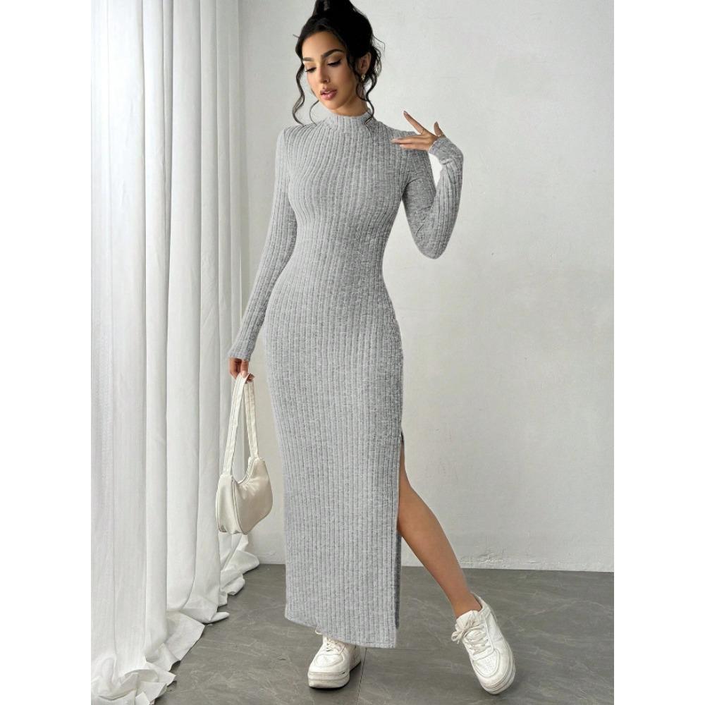 Autumn Winter Solid Long Sleeve Half Turtleneck Maxi Dress Women's Elegant Side Slit Skinny Elastic Gray Knitted Dresses Women