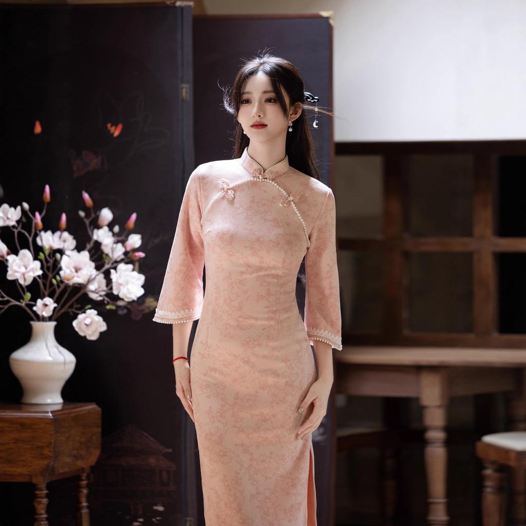 Pink autumn and winter suede inverted big-sleeved cheongsam 1011 new women's new Chinese style improved young girl's high sense
