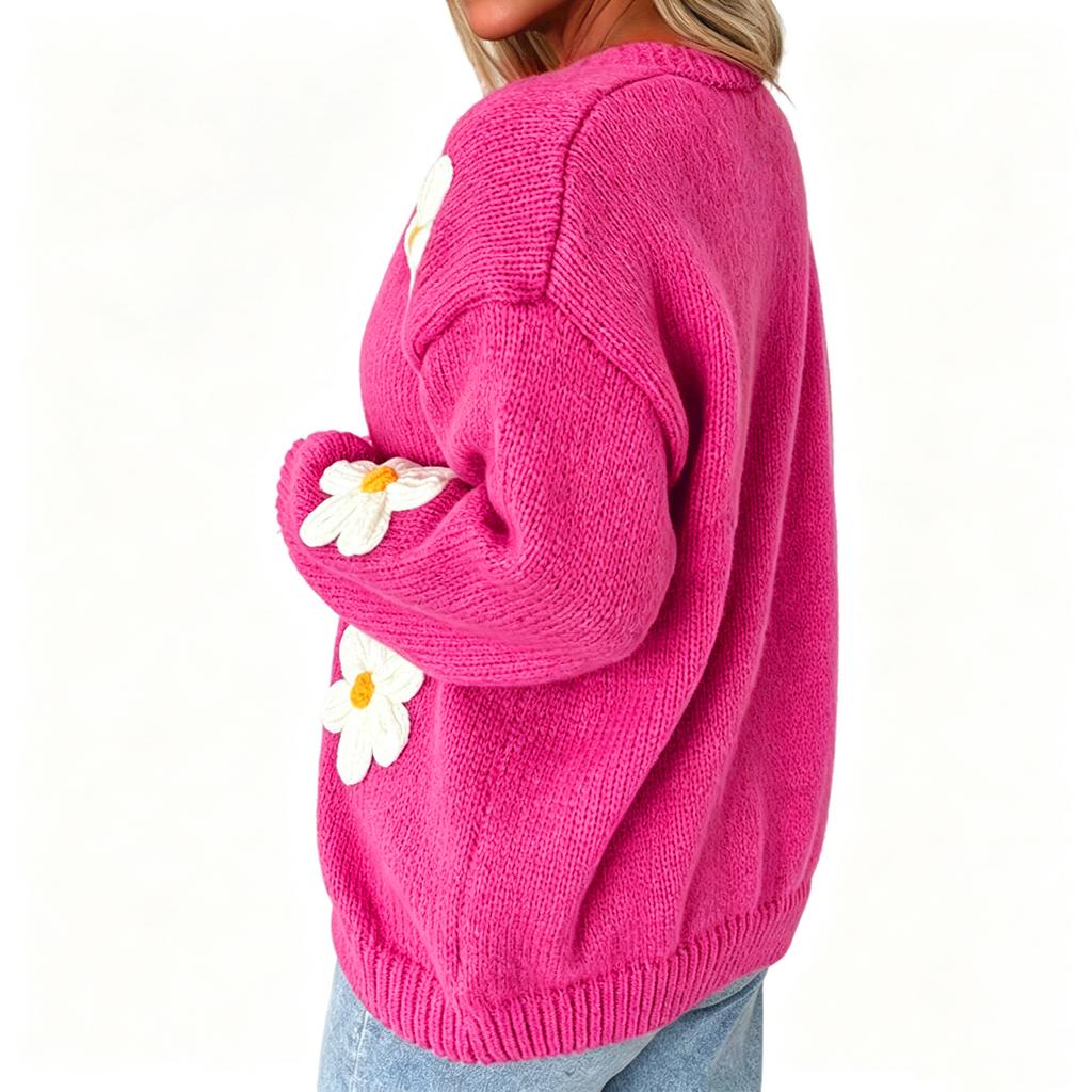 Damen Strickjacke Lockerer Schnitt Farbe mit Großem Blumendruck für Lässige Alltagsmode